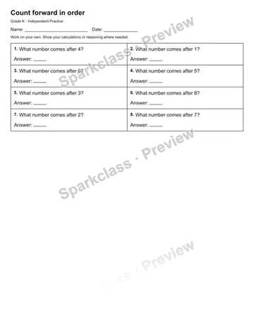 Count forward in order — Independent Practice — Kindergarten worksheet preview