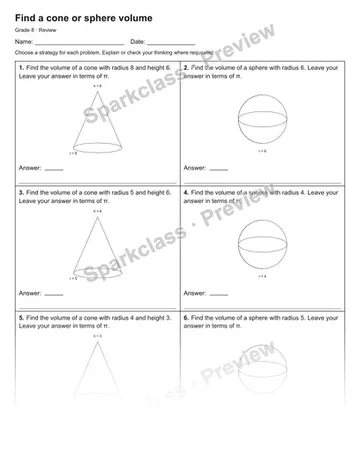 Find a cone or sphere volume — Review — Grade 8 worksheet preview
