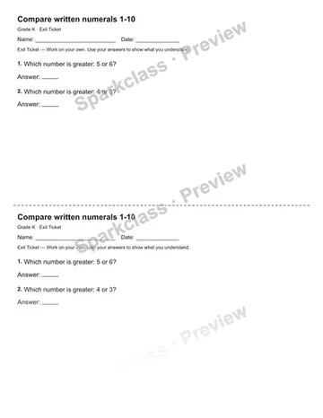 Compare written numerals 1-10 — Exit Ticket — Kindergarten worksheet preview