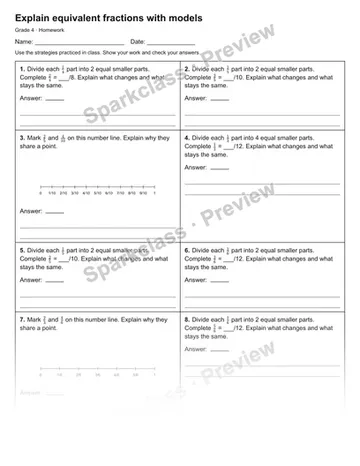 Explain equivalent fractions with models — Homework — Grade 4 worksheet preview