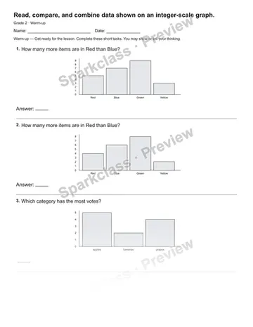 Read, compare, and combine data shown on an integer-scale graph. — Warm-up — Grade 2 worksheet preview