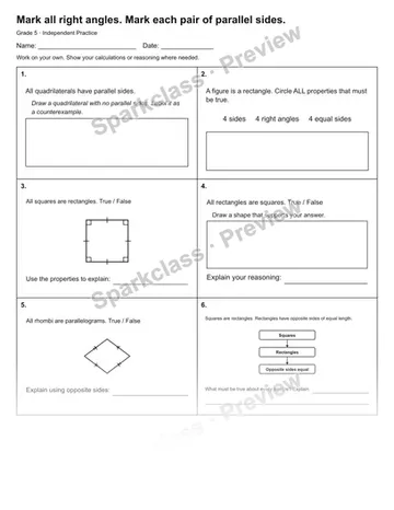 Mark all right angles. Mark each pair of parallel sides. — Independent Practice — Grade 5 worksheet preview