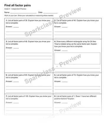 Find all factor pairs — Independent Practice — Grade 4 worksheet preview