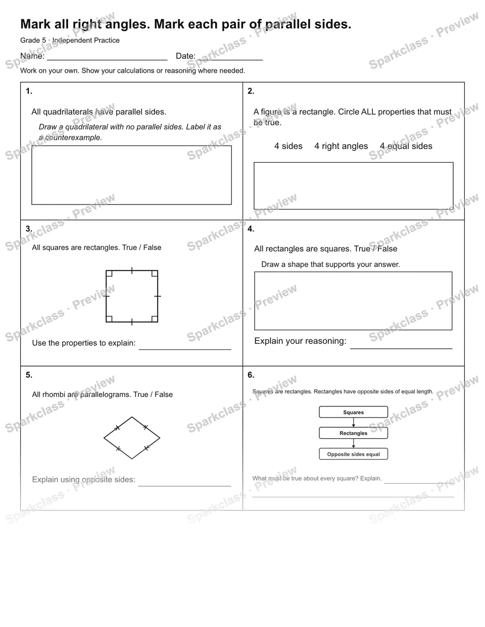 Mark all right angles. Mark each pair of parallel sides. — Independent Practice — page 1