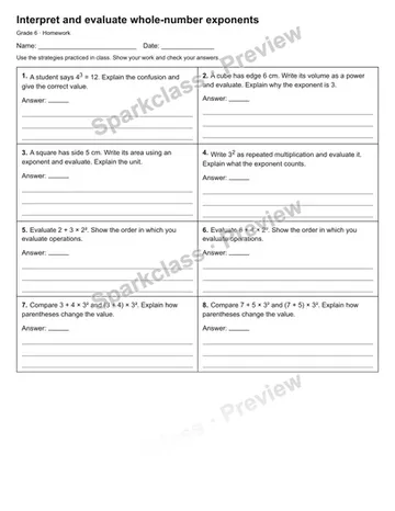 Interpret and evaluate whole-number exponents — Homework — Grade 6 worksheet preview