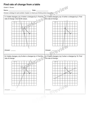 Find rate of change from a table — Review — Grade 8 worksheet preview