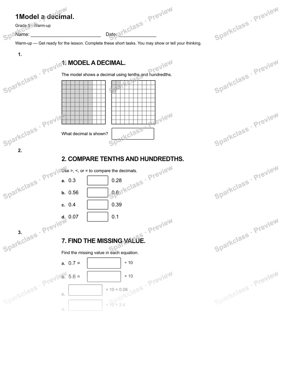 1Model a decimal. — Warm-up — page 2