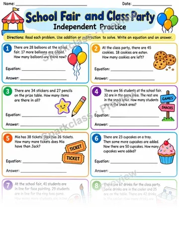School Fair · Addition and Subtraction Word Problems — Grade 2 worksheet preview