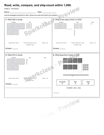 Read, write, compare, and skip-count within 1,000. — Homework — Grade 2 worksheet preview