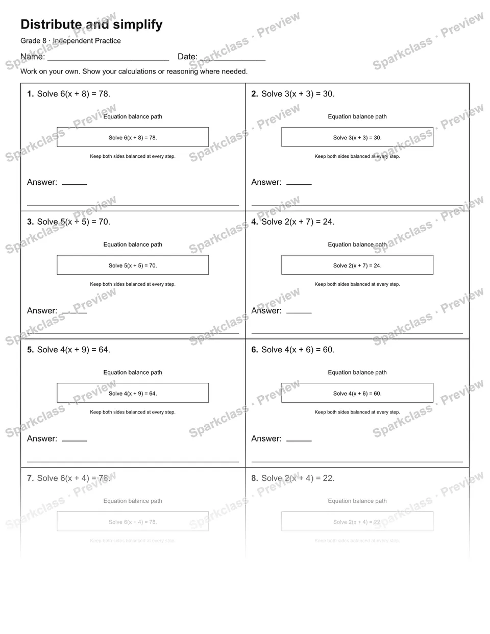 Distribute and simplify — Independent Practice — page 1