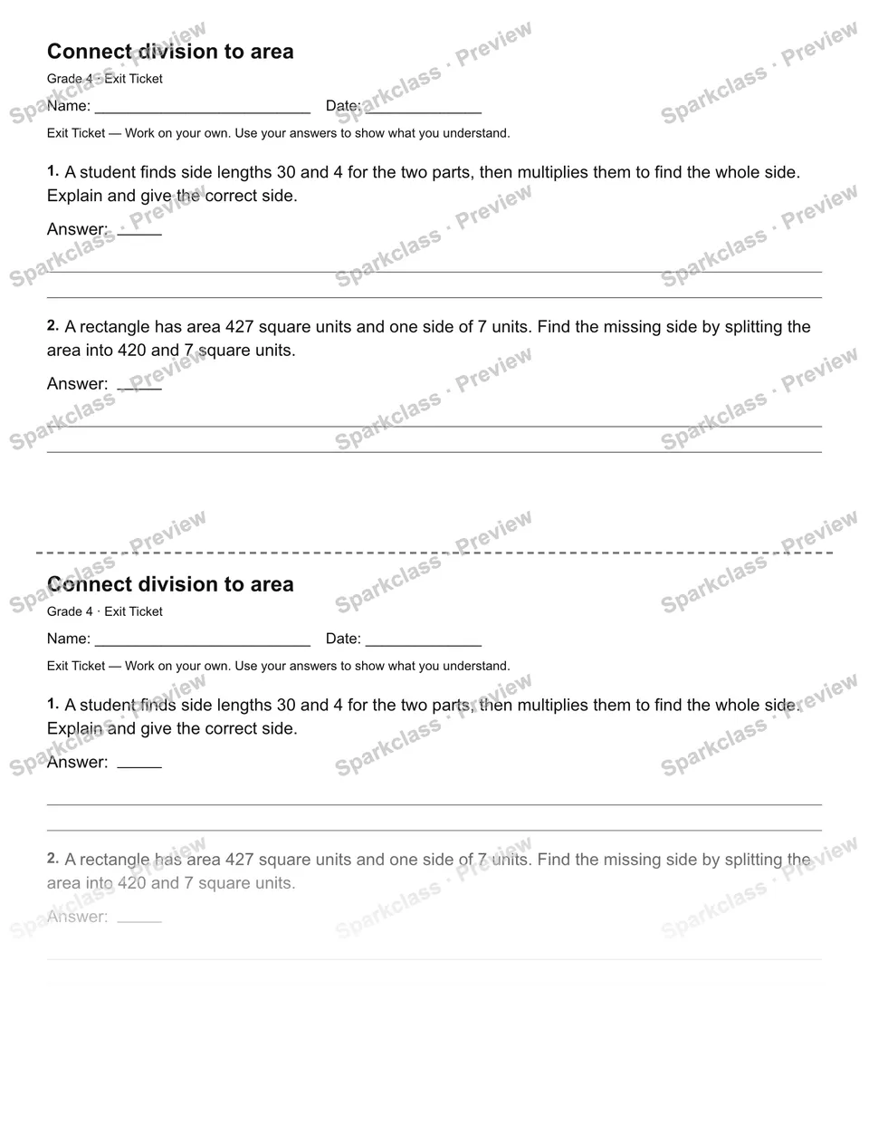Connect division to area — Exit Ticket — page 1