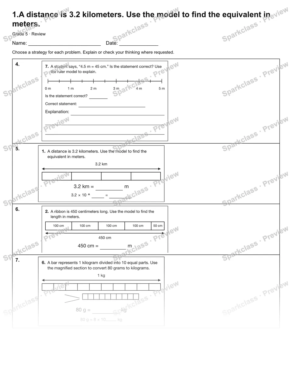 1.A distance is 3.2 kilometers. Use the model to find the equivalent in meters. — Review — page 2