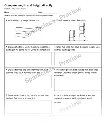 Compare length and height directly — Independent Practice — Kindergarten worksheet preview