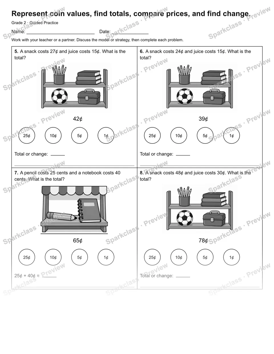 Represent coin values, find totals, compare prices, and find change. — Guided Practice — page 2