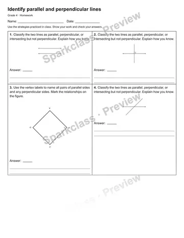 Identify parallel and perpendicular lines — Homework — Grade 4 worksheet preview