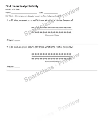 Find theoretical probability — Exit Ticket — Grade 7 worksheet preview