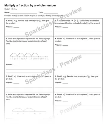 Multiply a fraction by a whole number — Review — Grade 4 worksheet preview