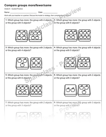 Compare groups more/fewer/same — Guided Practice — Kindergarten worksheet preview