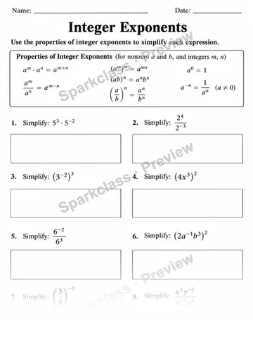 8.EE.A.1 · Properties of integer exponents — Grade 8 worksheet preview