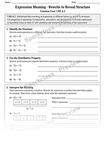7.EE.A.2 · Rewriting Expressions to Reveal Meaning · Variant 2 — Grade 7 worksheet preview