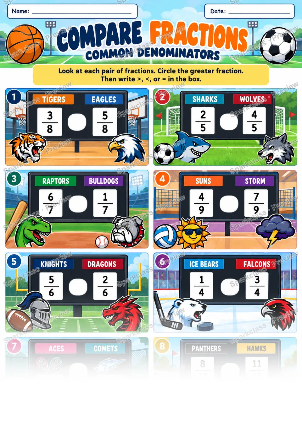 Compare Fractions With Common Denominators — page 1
