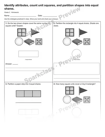 Identify attributes, count unit squares, and partition shapes into equal shares. — Homework — Grade 2 worksheet preview