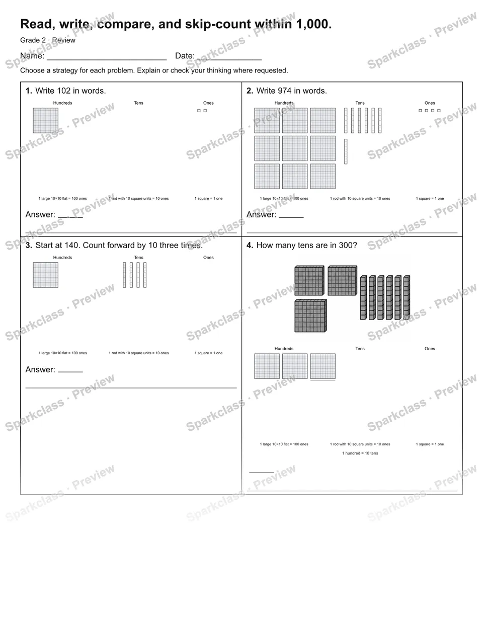 Read, write, compare, and skip-count within 1,000. — Review — page 1