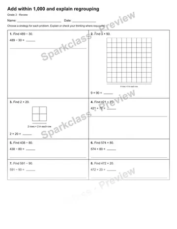 Add within 1,000 and explain regrouping — Review — Grade 3 worksheet preview