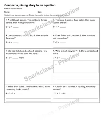 Connect a joining story to an equation — Guided Practice — Grade 1 worksheet preview