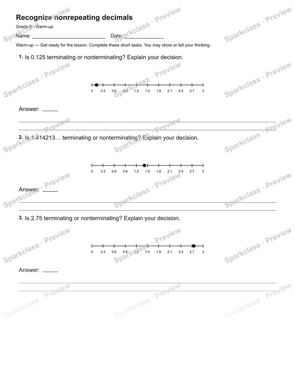 Recognize nonrepeating decimals — Warm-up — page 2