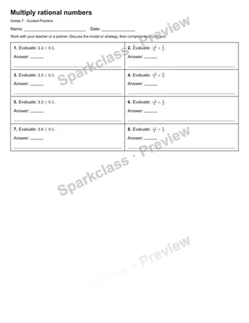 Multiply rational numbers — Guided Practice — Grade 7 worksheet preview
