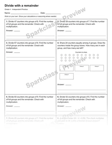 Divide with a remainder — Independent Practice — Grade 4 worksheet preview