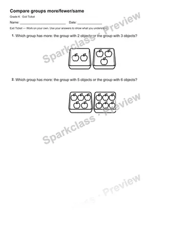 Compare groups more/fewer/same — Exit Ticket — Kindergarten worksheet preview