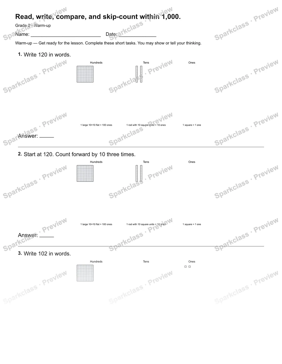 Read, write, compare, and skip-count within 1,000. — Warm-up — page 1