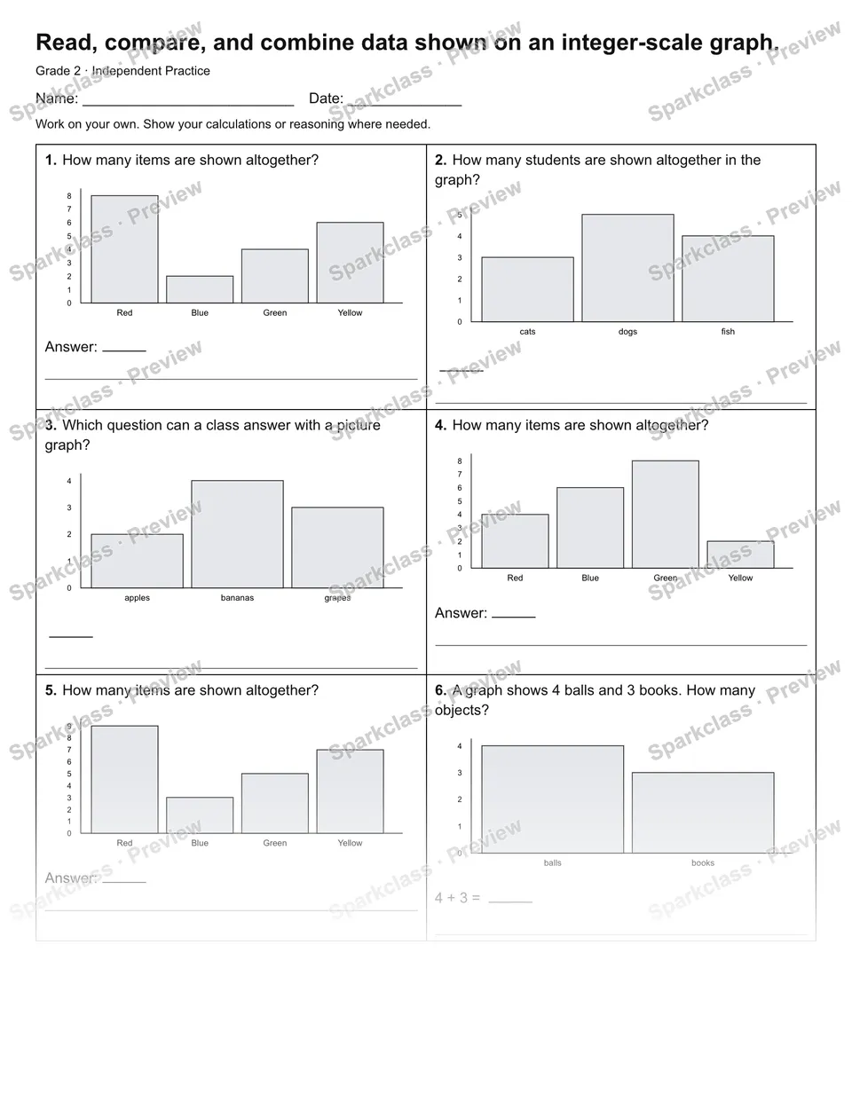 Read, compare, and combine data shown on an integer-scale graph. — Independent Practice — page 1