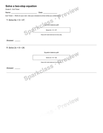 Solve a two-step equation — Exit Ticket — Grade 8 worksheet preview