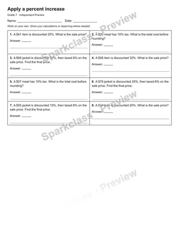 Apply a percent increase — Independent Practice — Grade 7 worksheet preview