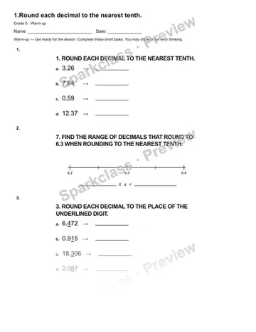 1.Round each decimal to the nearest tenth. — Warm-up — Grade 5 worksheet preview
