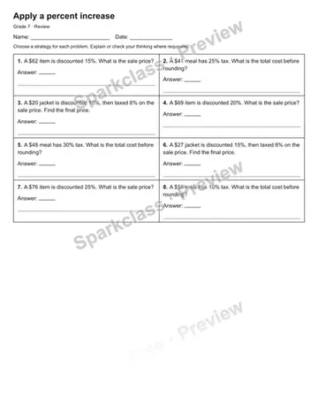Apply a percent increase — Review — Grade 7 worksheet preview