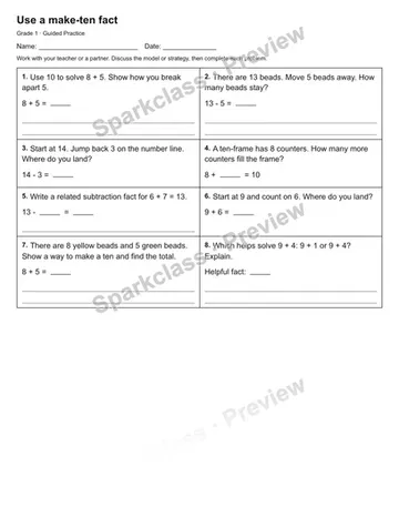 Use a make-ten fact — Guided Practice — Grade 1 worksheet preview
