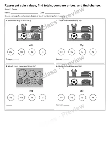 Represent coin values, find totals, compare prices, and find change. — Review — Grade 2 worksheet preview