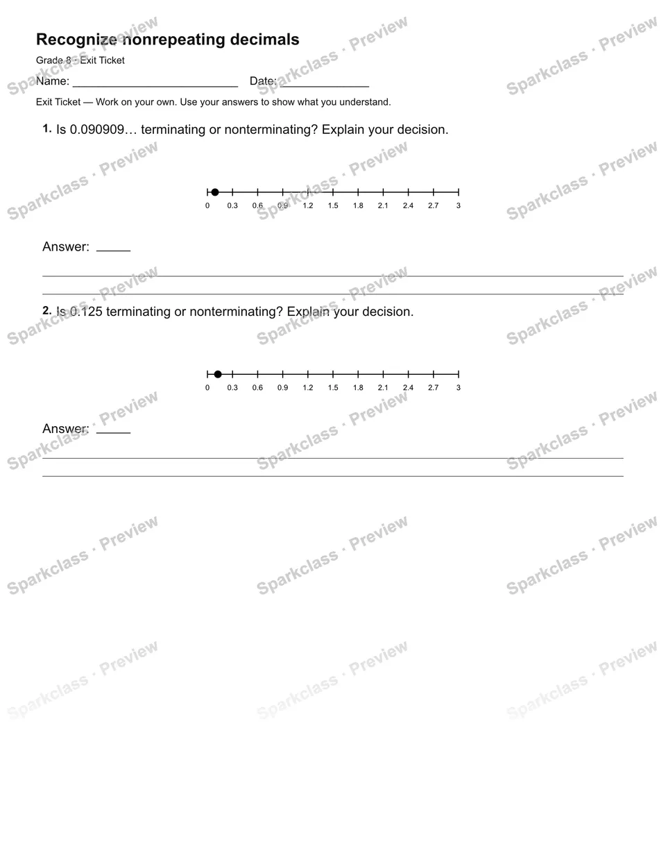 Recognize nonrepeating decimals — Exit Ticket — page 1