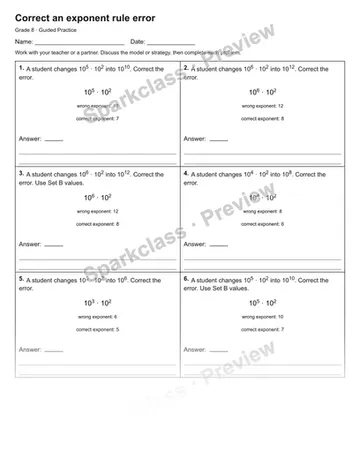 Correct an exponent rule error — Guided Practice — Grade 8 worksheet preview