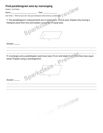 Find parallelogram area by rearranging — Exit Ticket — Grade 6 worksheet preview