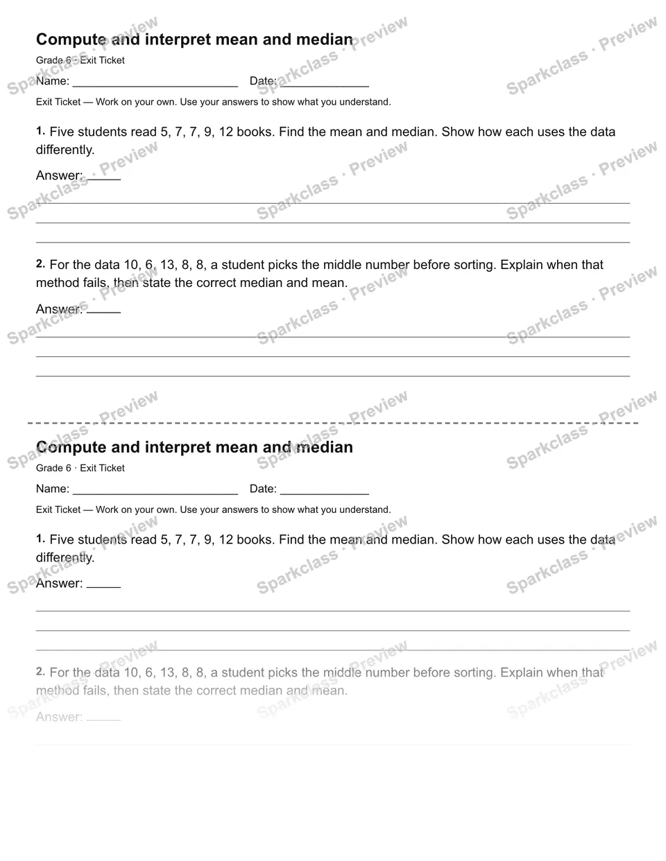 Compute and interpret mean and median — Exit Ticket — page 1