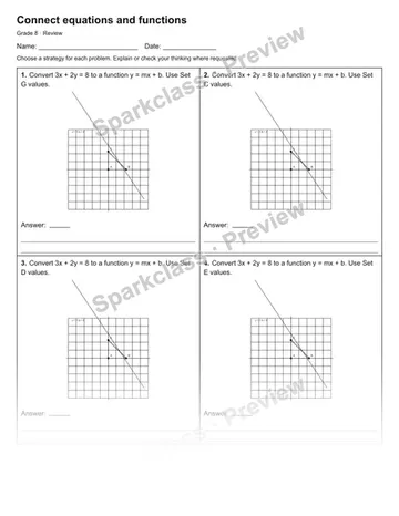 Connect equations and functions — Review — Grade 8 worksheet preview