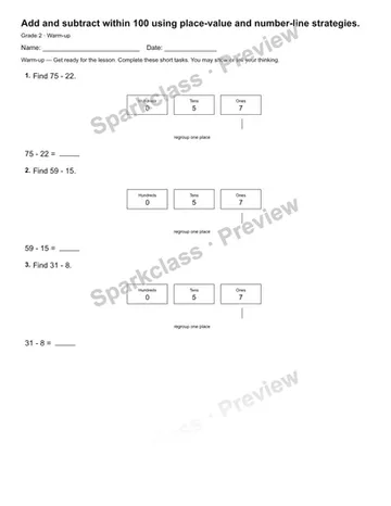 Add and subtract within 100 using place-value and number-line strategies. — Warm-up — Grade 2 worksheet preview