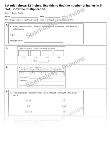 1.A ruler shows 12 inches. Use this to find the number of inches in 5 feet. Show the multiplication. — Guided Practice — Grade 5 worksheet preview