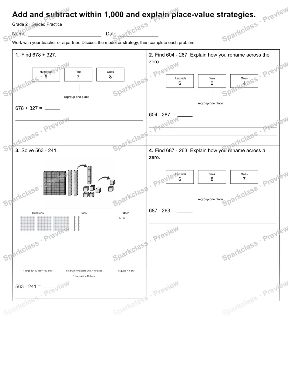 Add and subtract within 1,000 and explain place-value strategies. — Guided Practice — page 1