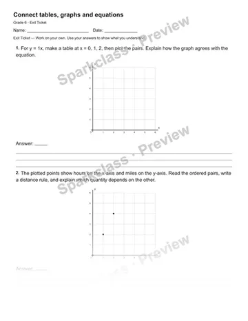 Connect tables, graphs and equations — Exit Ticket — Grade 6 worksheet preview